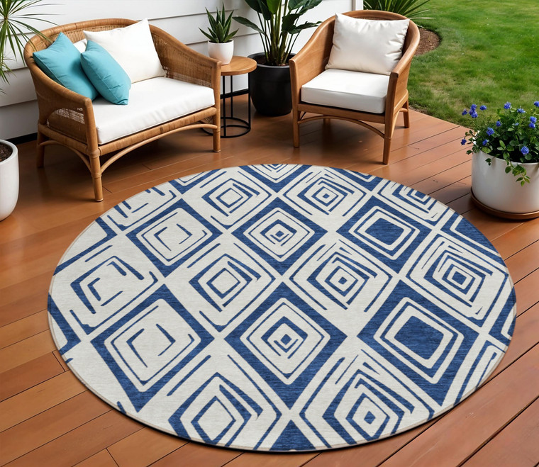 8' Navy Blue And Ivory Round Geometric Washable Indoor Outdoor Area Rug - 608219165017