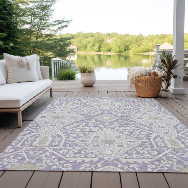 9' X 12' Lavender Gray And Beige Floral Washable Indoor Outdoor Area Rug