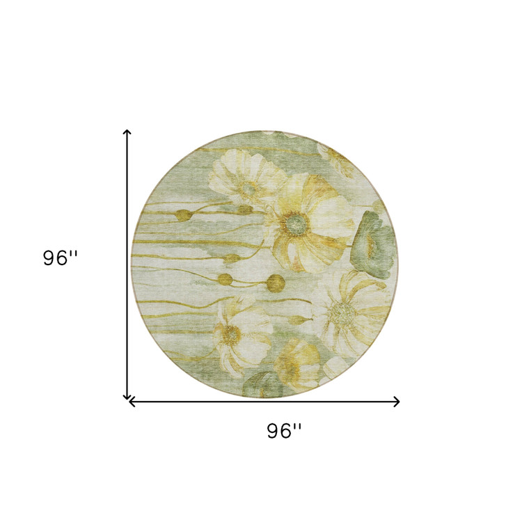 8' Sage Fern Green And Ivory Round Floral Washable Indoor Outdoor Area Rug - Sage, Fern Green, Ivory
