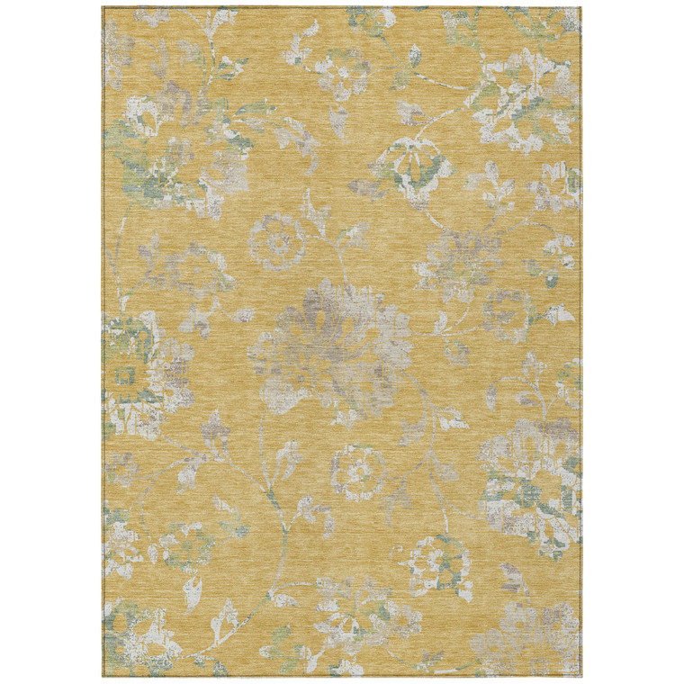 8' X 10' Gold Beige And Fern Green Floral Washable Indoor Outdoor Area Rug