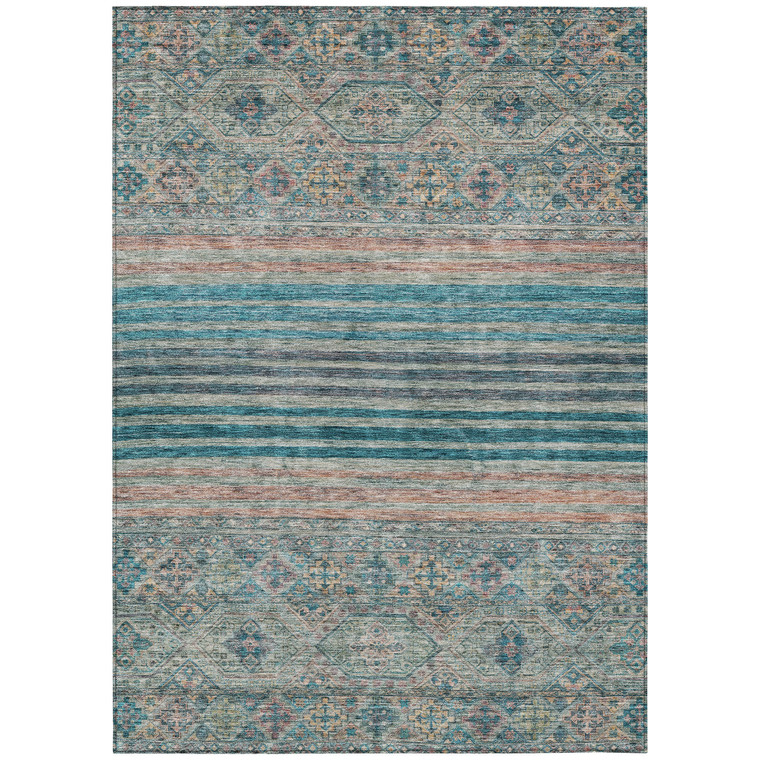 9' X 12' Teal Blue Salmon And Beige Medallion Washable Indoor Outdoor Area Rug