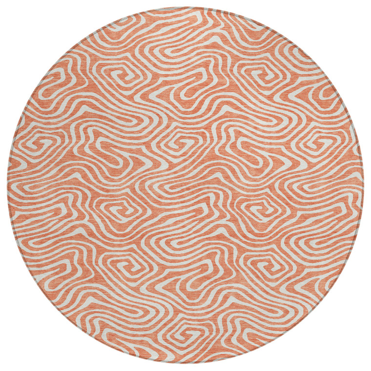 8' Salmon And Ivory Round Abstract Washable Indoor Outdoor Area Rug Transitional Style - Salmon, Ivory Color