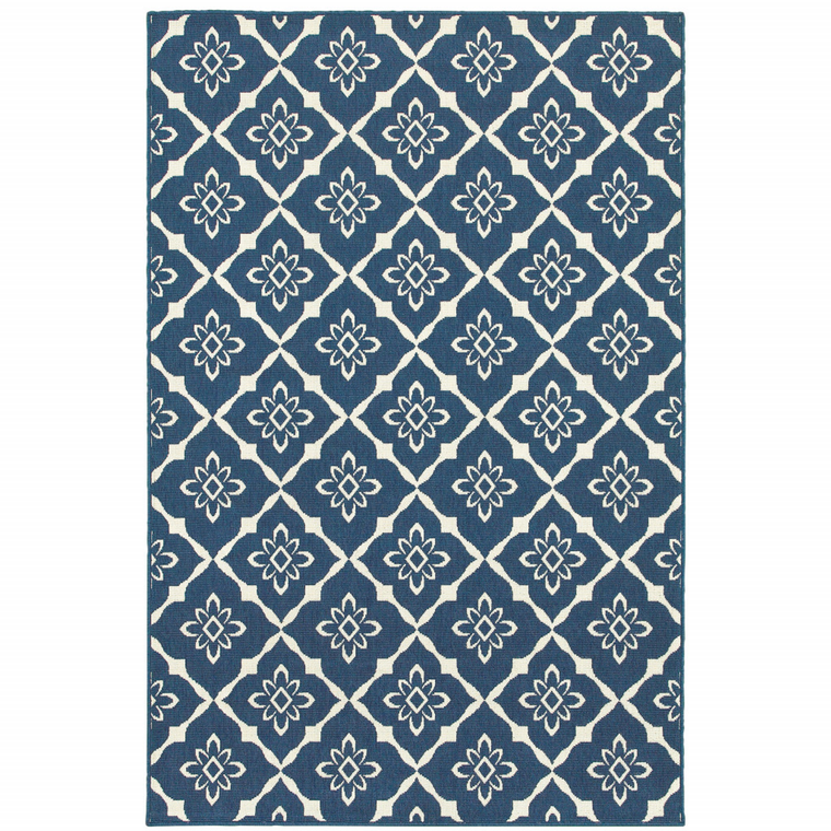 9' X 13' Blue and Ivory Floral Stain Resistant Indoor Outdoor Area Rug