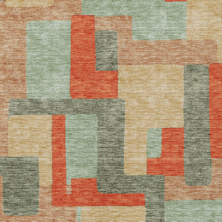 8' X 10' Sage Gray And Orange Geometric Washable Indoor Outdoor Area Rug