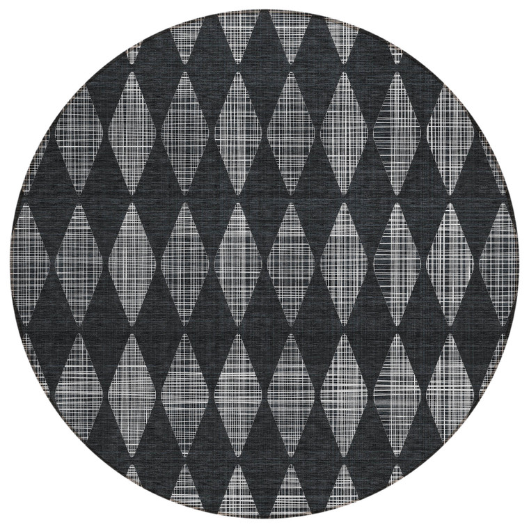 8' Charcoal Round Geometric Washable Indoor Outdoor Area Rug