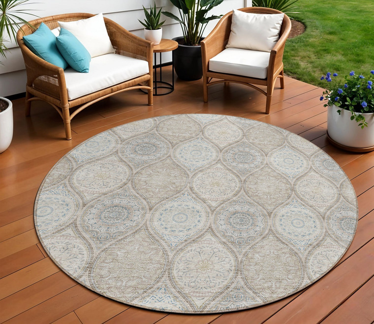 8' Taupe Beige And Khaki Round Floral Medallion Washable Indoor Outdoor Area Rug