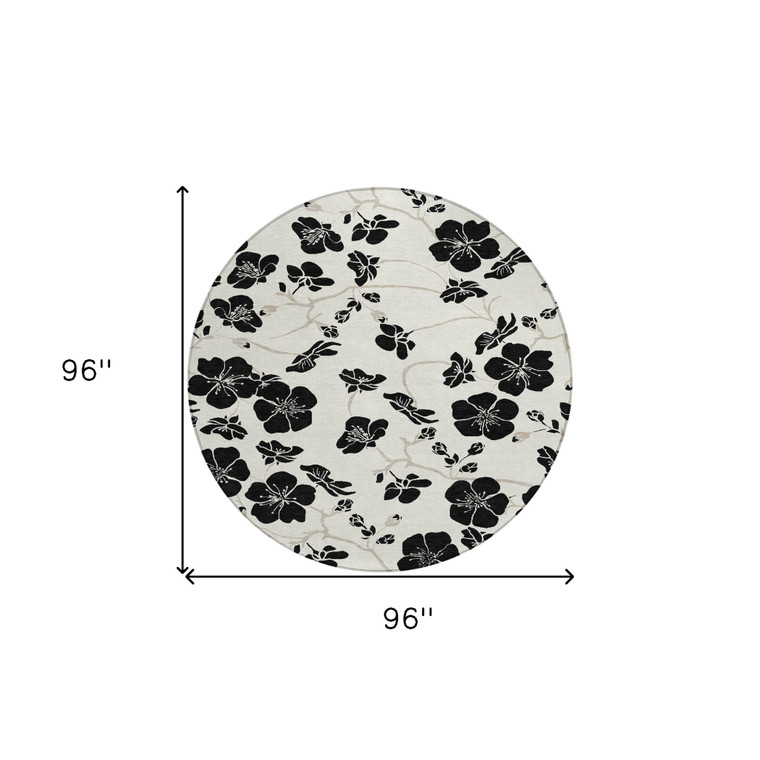 8' Ivory And Black Round Floral Washable Indoor Outdoor Area Rug