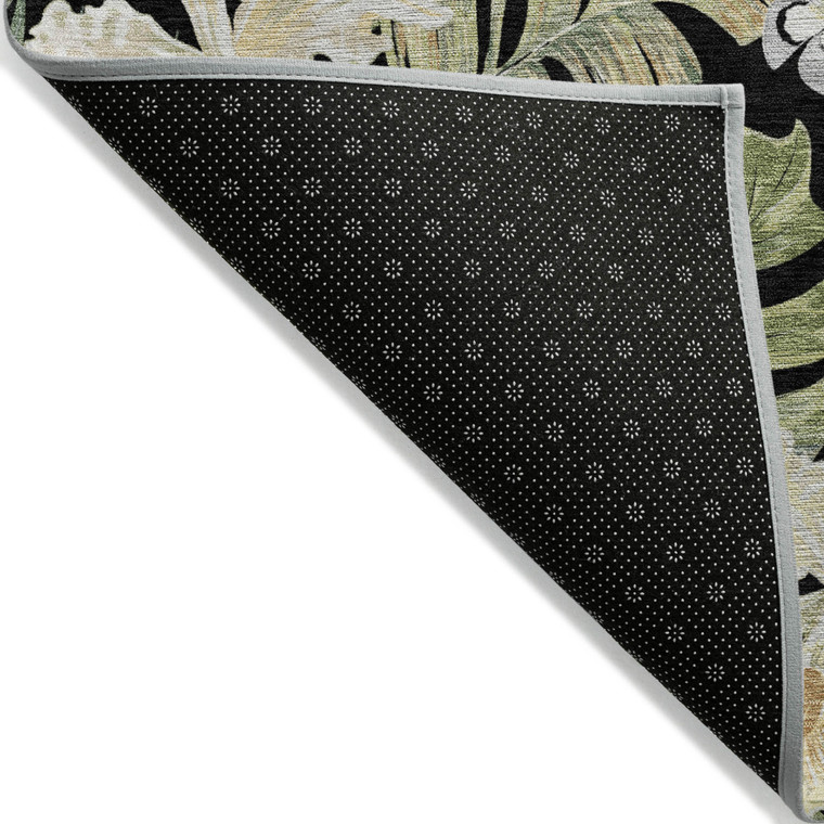 9' X 12' Black Beige And Fern Green Botanical Leaves Washable Indoor Outdoor Area Rug