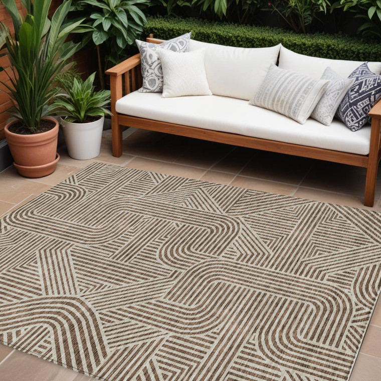 10' X 14' Brown And Beige Abstract Washable Indoor Outdoor Area Rug Transitional Style - Brown, Beige Color