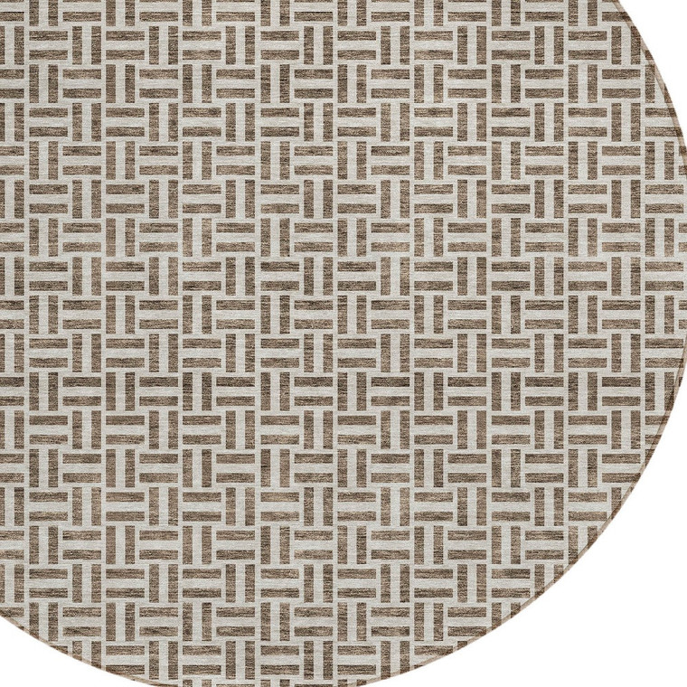 8' Brown And Beige Round Geometric Washable Indoor Outdoor Area Rug Transitional Style - Brown, Beige Color
