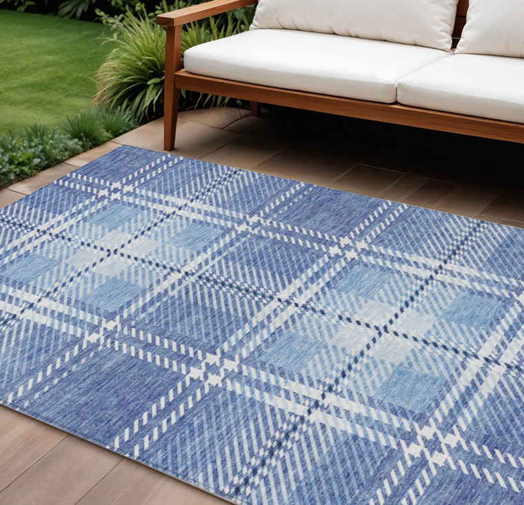 8' X 10' Denim Blue And Ivory Plaid Washable Indoor Outdoor Area Rug