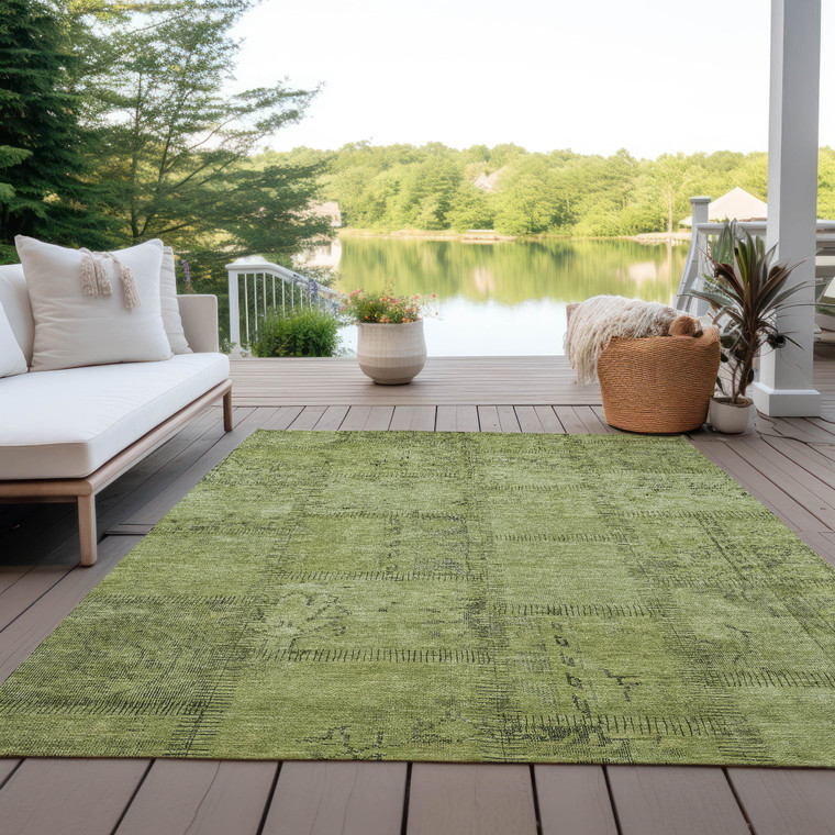 9' X 12' Fern Green And Artichoke Green Patchwork Washable Indoor Outdoor Area Rug