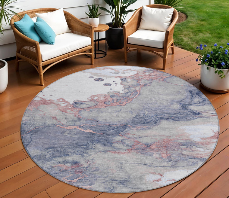 8' Blush And Gray Round Abstract Washable Indoor Outdoor Area Rug - Blush, Gray