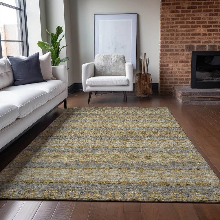 8' X 10' Gold Gray And Silver Floral Medallion Washable Indoor Outdoor Area Rug