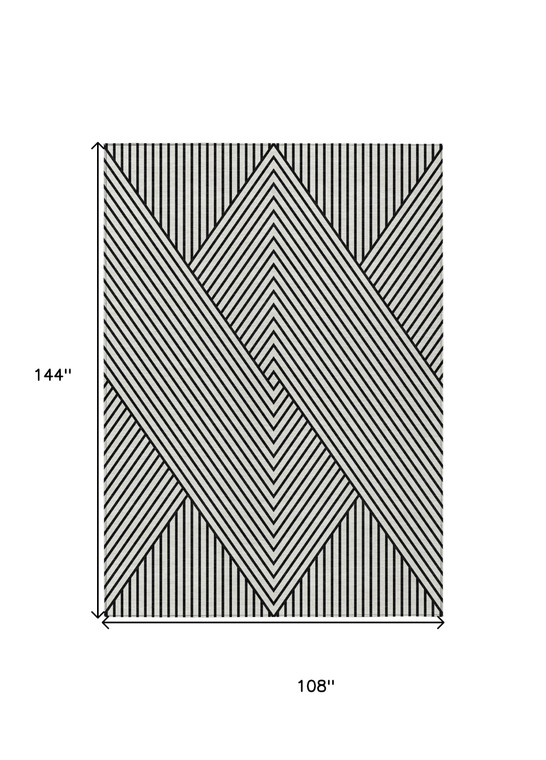 9' X 12' White And Black Geometric Washable Indoor Outdoor Area Rug