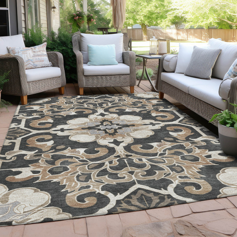 9' X 12' Charcoal And Taupe Damask Washable Indoor Outdoor Area Rug
