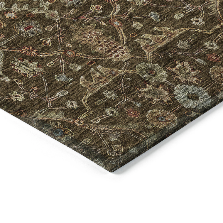8' Chocolate Red And Green Round Floral Washable Indoor Outdoor Area Rug
