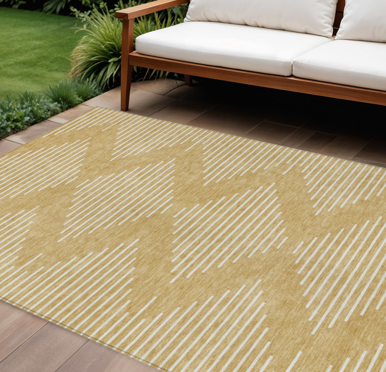 9' X 12' Gold And Ivory Geometric Washable Indoor Outdoor Area Rug Transitional Style - Gold, Ivory Color