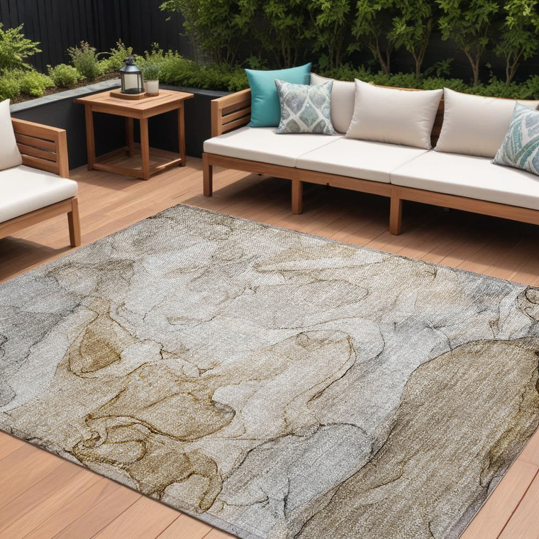 9' X 12' Beige Abstract Washable Non Skid Indoor Outdoor Area Rug - 608219120085