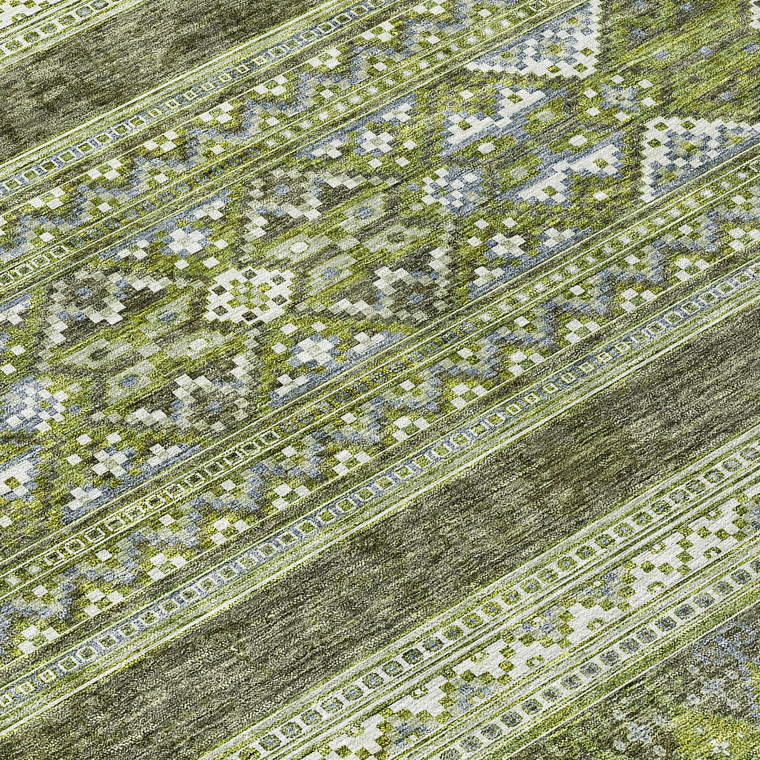 9' X 12' Olive Green And Artichoke Green Southwestern Washable Indoor Outdoor Area Rug