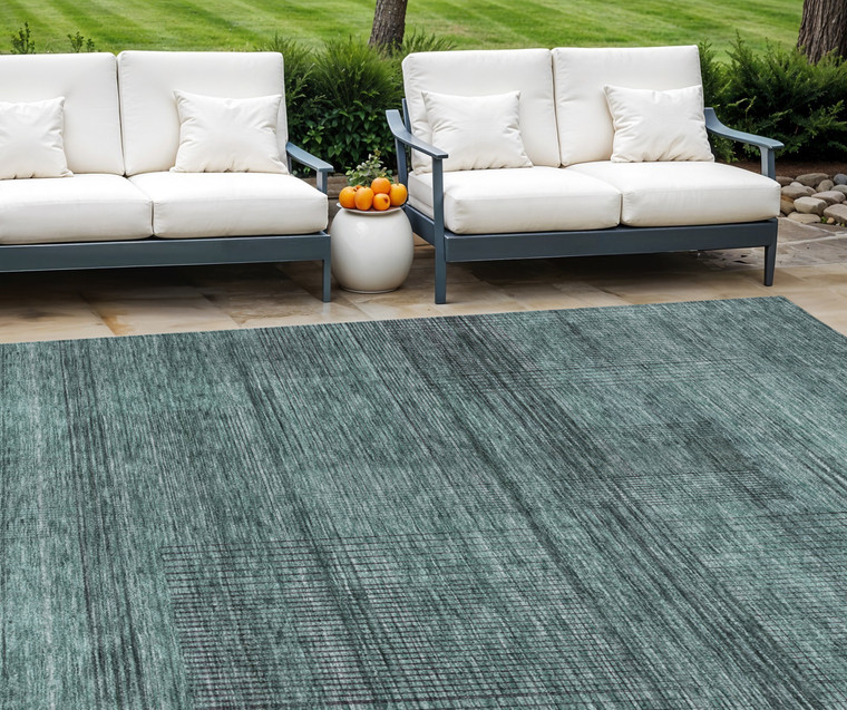 10' X 14' Teal Blue Aqua And Gray Striped Washable Indoor Outdoor Area Rug Transitional Style - Teal Blue, Aqua, Gray Color