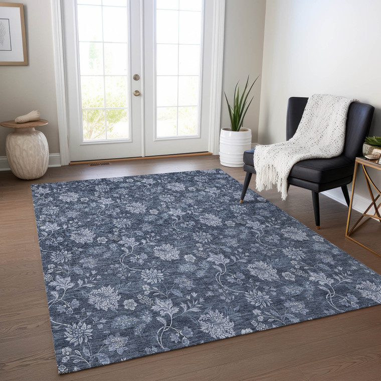 10' X 14' Denim Blue And Navy Blue Floral Washable Indoor Outdoor Area Rug - Denim Blue, Navy Blue