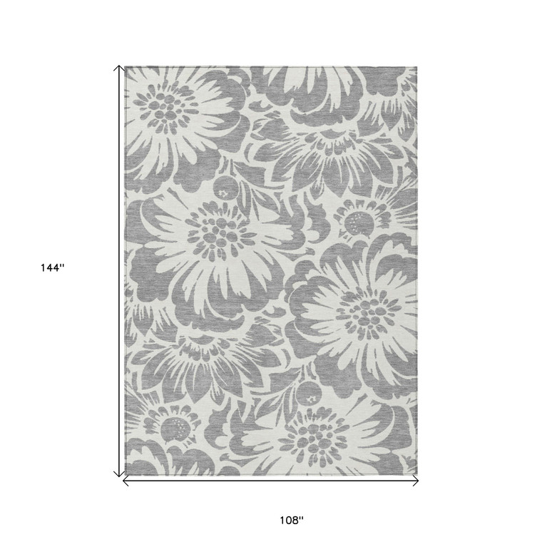 9' X 12' Gray and Ivory Floral Washable Non Skid Indoor Outdoor Area Rug