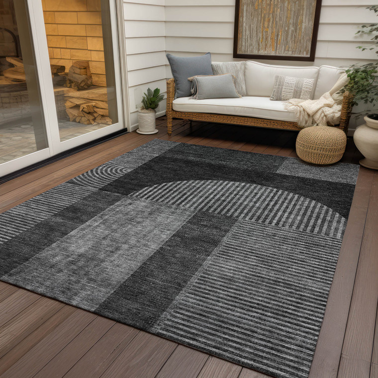 8' X 10' Charcoal Gray And Silver Geometric Washable Indoor Outdoor Area Rug - Charcoal, Gray, Silver