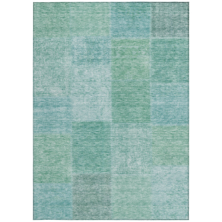 9' X 12' Teal Blue Sage And Green Patchwork Washable Indoor Outdoor Area Rug