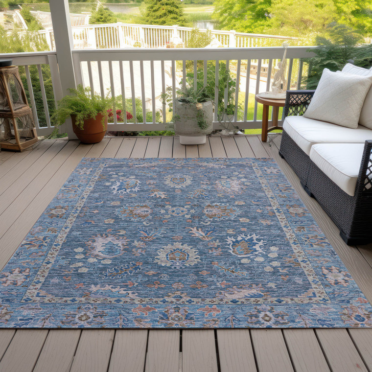 8' X 10' Blue And Beige Floral Washable Indoor Outdoor Area Rug