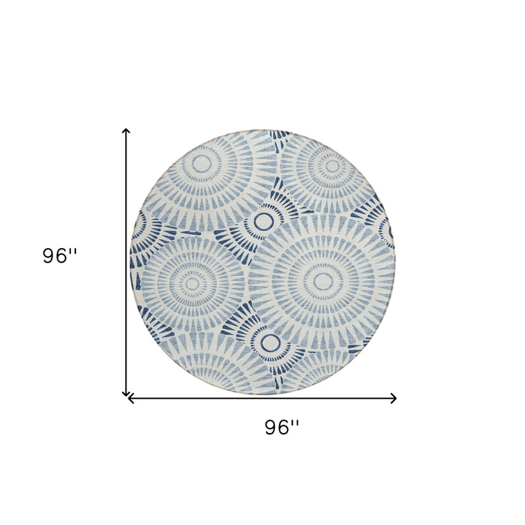 8' Blue And Ivory Round Geometric Washable Indoor Outdoor Area Rug - 608219030032