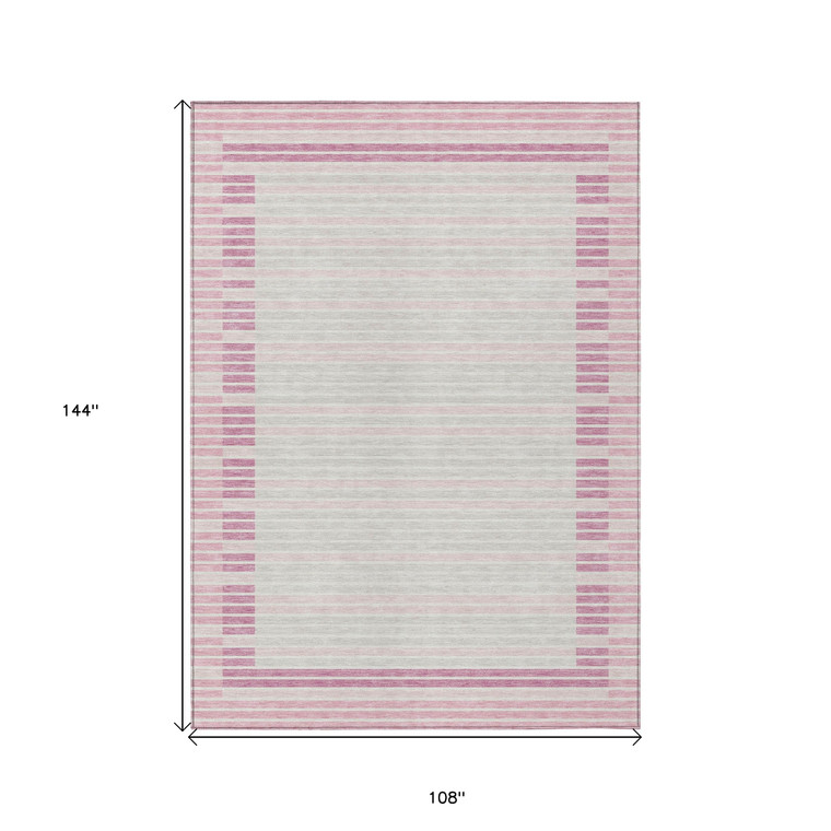 9' X 12' Pink And Ivory Striped Washable Indoor Outdoor Area Rug Transitional Style - Pink, Ivory Color