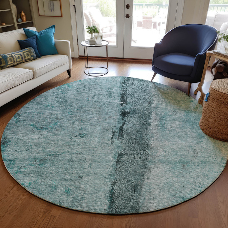 8' Teal Blue Aqua And Charcoal Round Abstract Washable Indoor Outdoor Area Rug