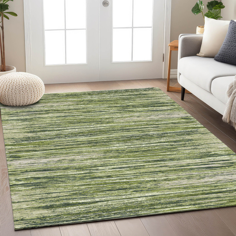 10' X 14' Olive Green And Ivory Striped Washable Indoor Outdoor Area Rug