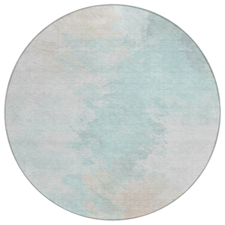 8' Pale Aqua Beige And Ivory Round Abstract Washable Indoor Outdoor Area Rug