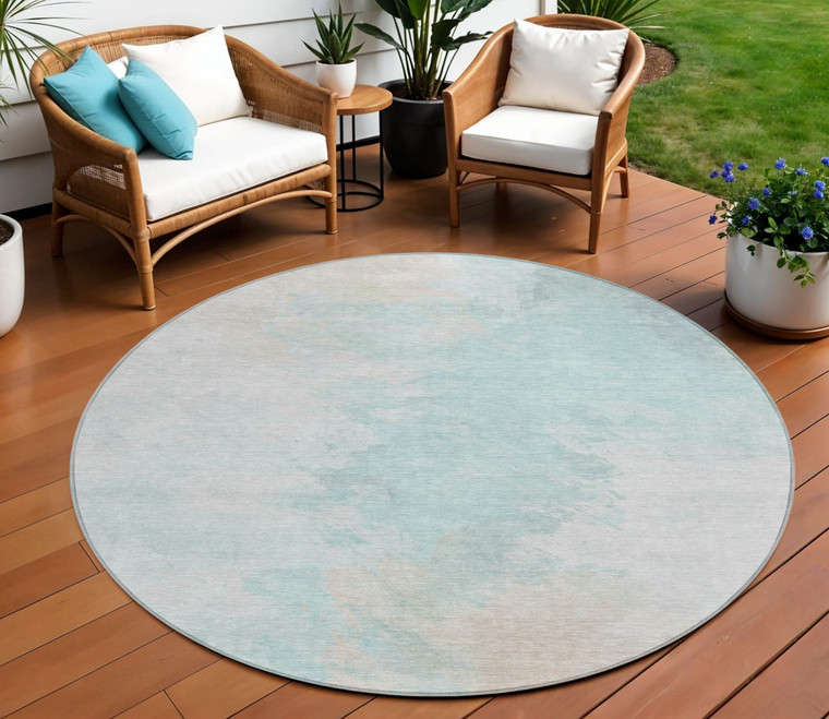 8' Pale Aqua Beige And Ivory Round Abstract Washable Indoor Outdoor Area Rug