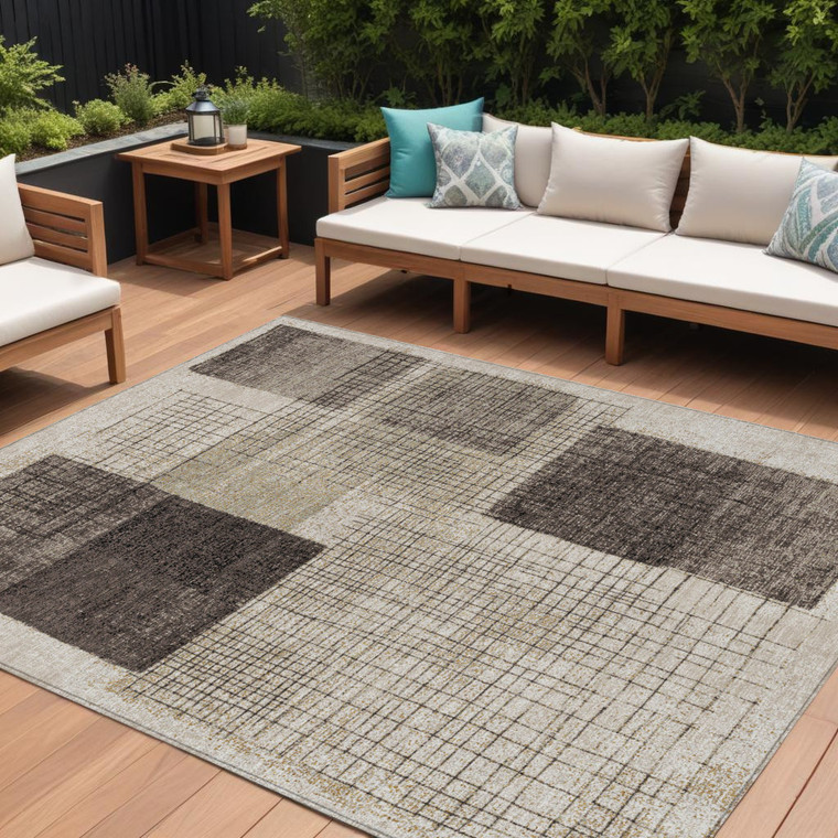 8' X 10' Brown And Taupe Geometric Washable Indoor Outdoor Area Rug