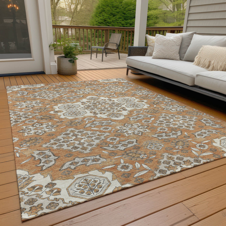 9' X 12' Terra Cotta Gray And Beige Medallion Washable Indoor Outdoor Area Rug