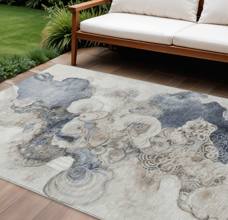 10' X 14' Ivory And Taupe Abstract Washable Indoor Outdoor Area Rug