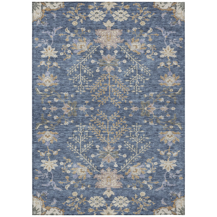8' X 10' Blue Brown And Beige Floral Washable Indoor Outdoor Area Rug