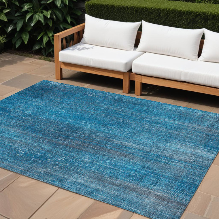 10' X 14' Blue Striped Washable Non Skid Indoor Outdoor Area Rug Transitional Style - Blue Color
