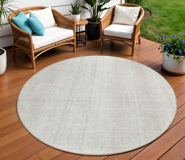 8' Ivory And Beige Round Striped Washable Indoor Outdoor Area Rug Transitional Style - Ivory, Beige Color