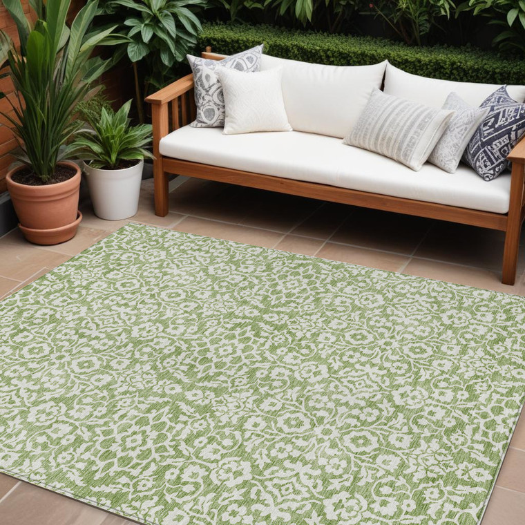 9' X 12' Green And Ivory Damask Washable Indoor Outdoor Area Rug