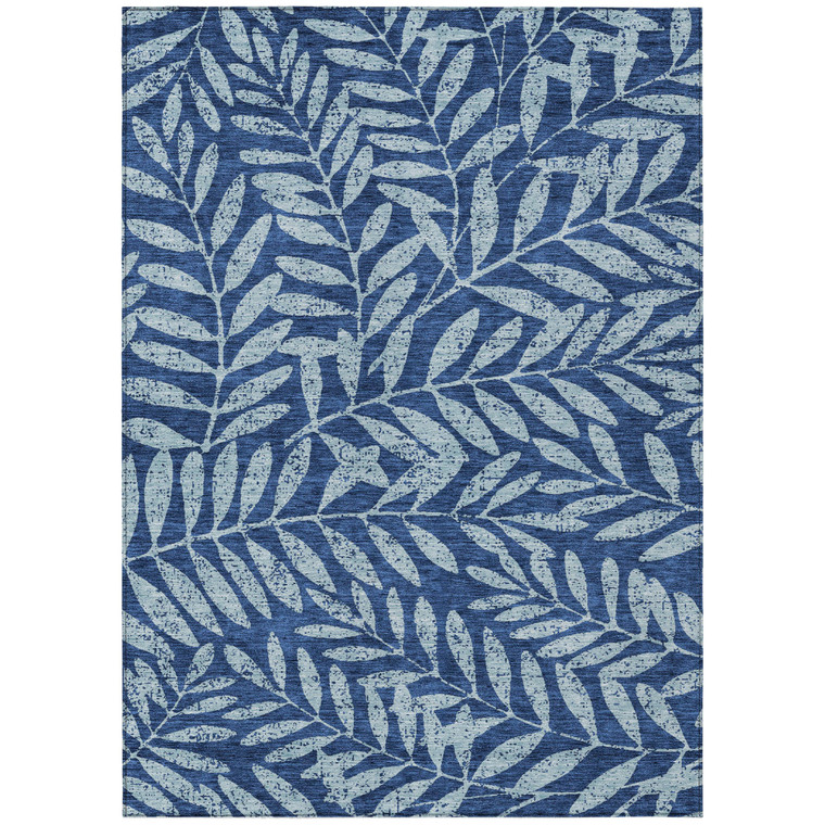 9' X 12' Navy Blue And Light Blue Floral Washable Indoor Outdoor Area Rug
