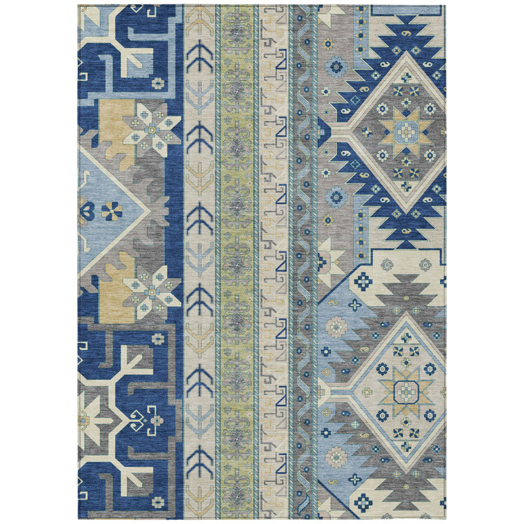 10' X 14' Navy Blue Green And Gray Aztec Washable Indoor Outdoor Area Rug