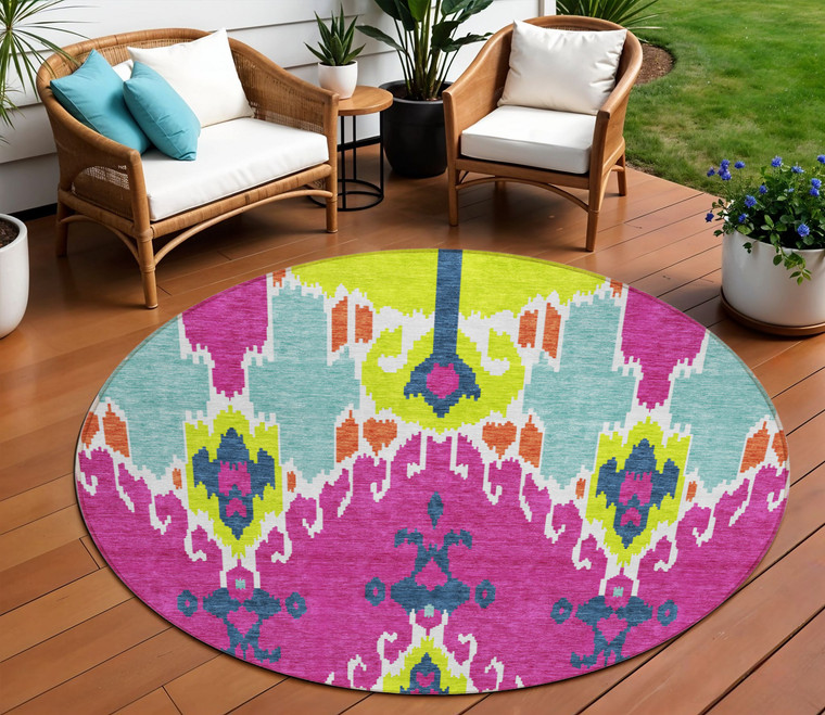 8' Pink Lime Green And Orange Round Ikat Washable Indoor Outdoor Area Rug