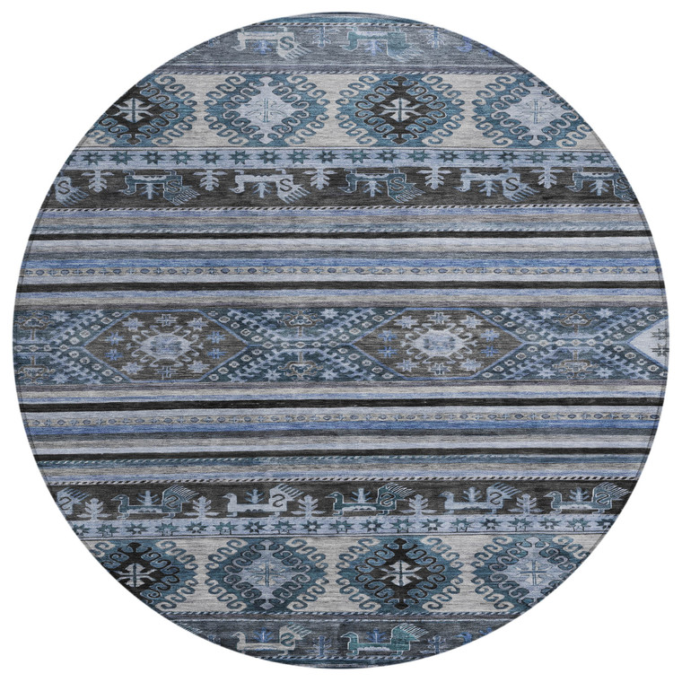 8' Blue Gray And Charcoal Round Tribal Washable Indoor Outdoor Area Rug