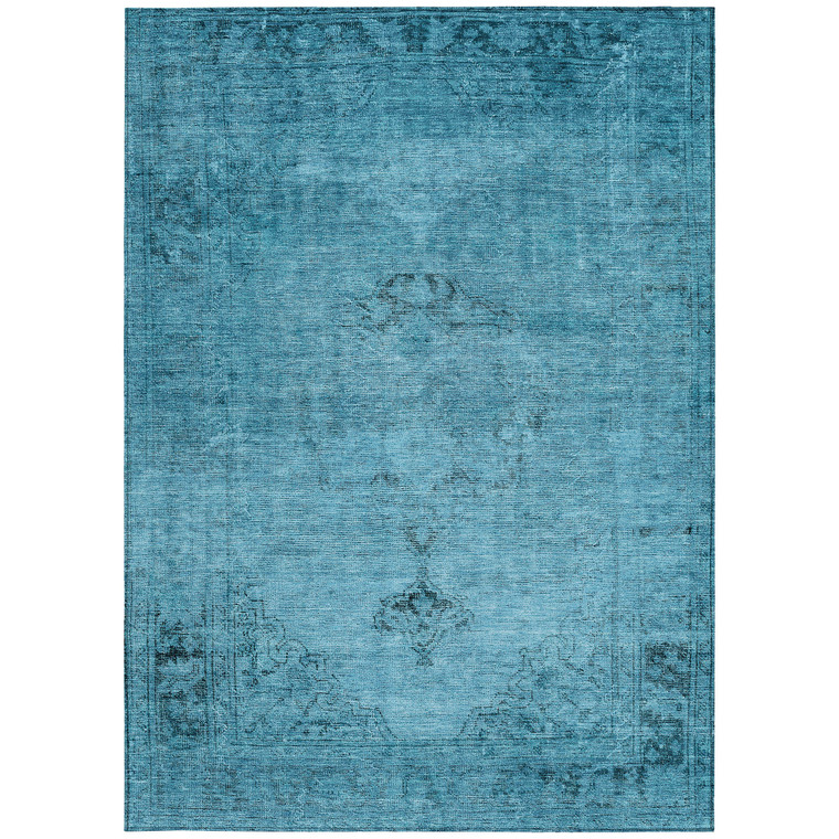 8' X 10' Denim Blue And Navy Blue Oriental Washable Indoor Outdoor Area Rug
