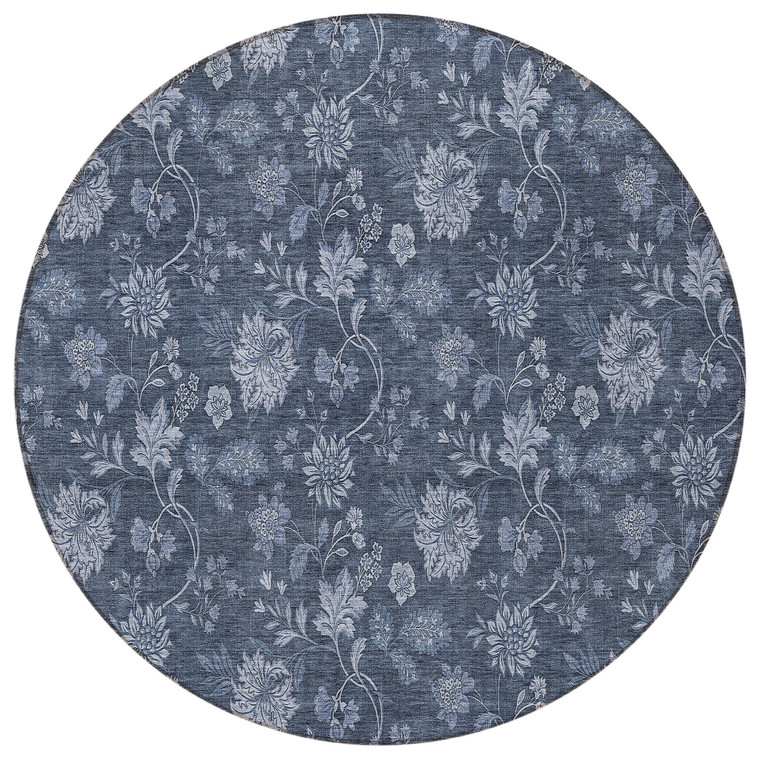 8' Denim Blue And Navy Blue Round Floral Washable Indoor Outdoor Area Rug - Denim Blue, Navy Blue