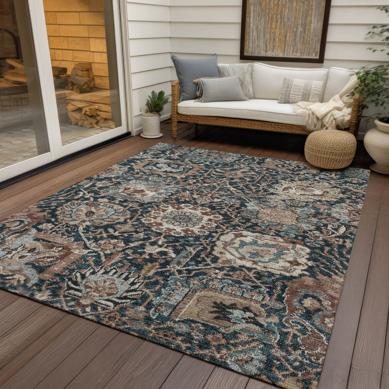 9' X 12' Taupe Blue And Beige Geometric Washable Indoor Outdoor Area Rug - Taupe, Blue, Beige
